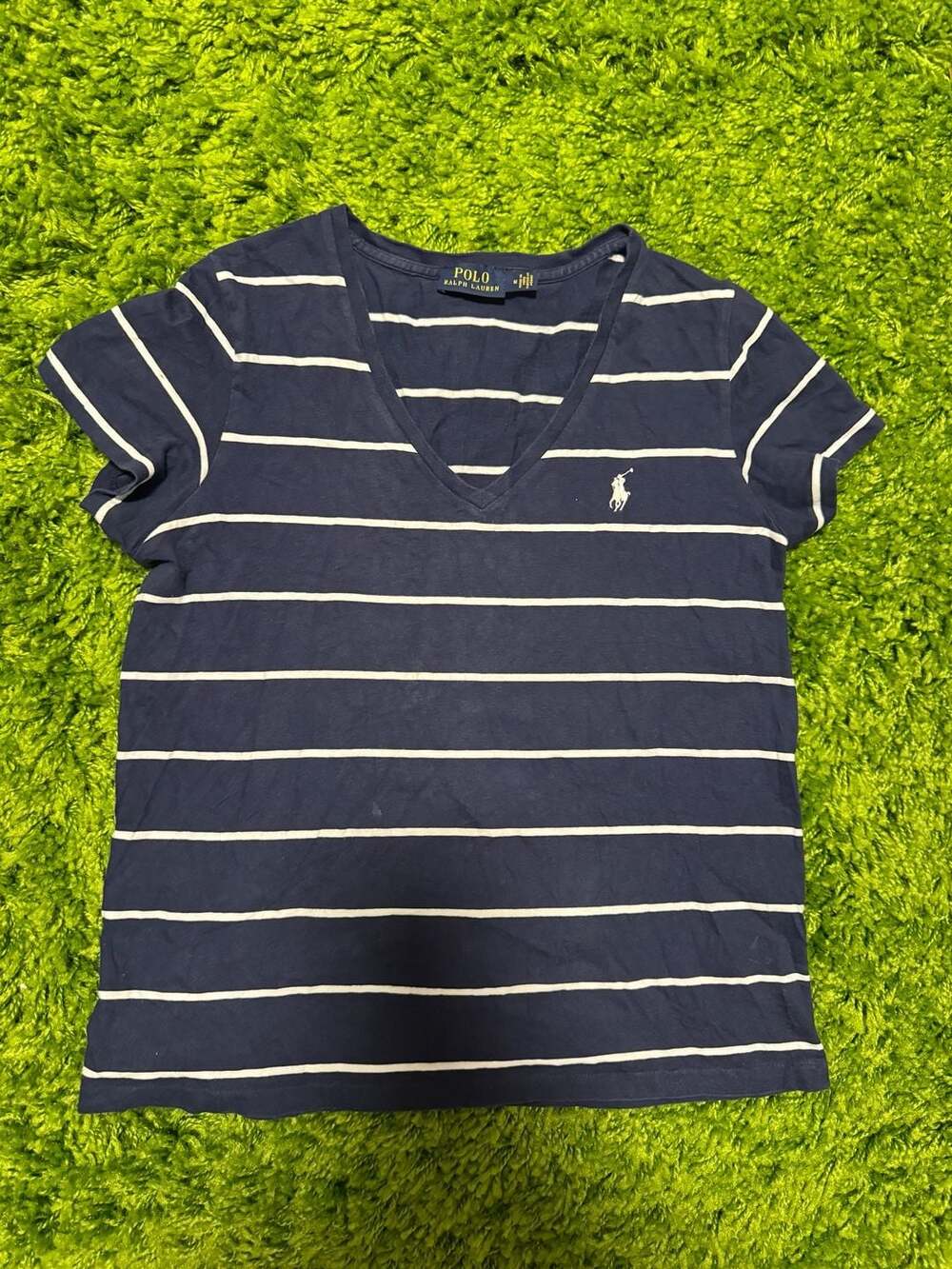Polo Ralph Lauren Navy and White Striped V-Neck T-Shirt Size M